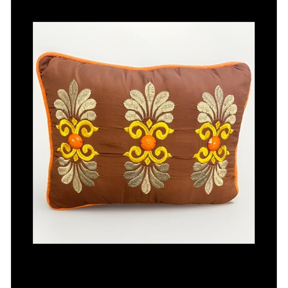 Brown Embroidered Decorative Throw Pillow Orange Gold Medallion 12x16 RN 91519